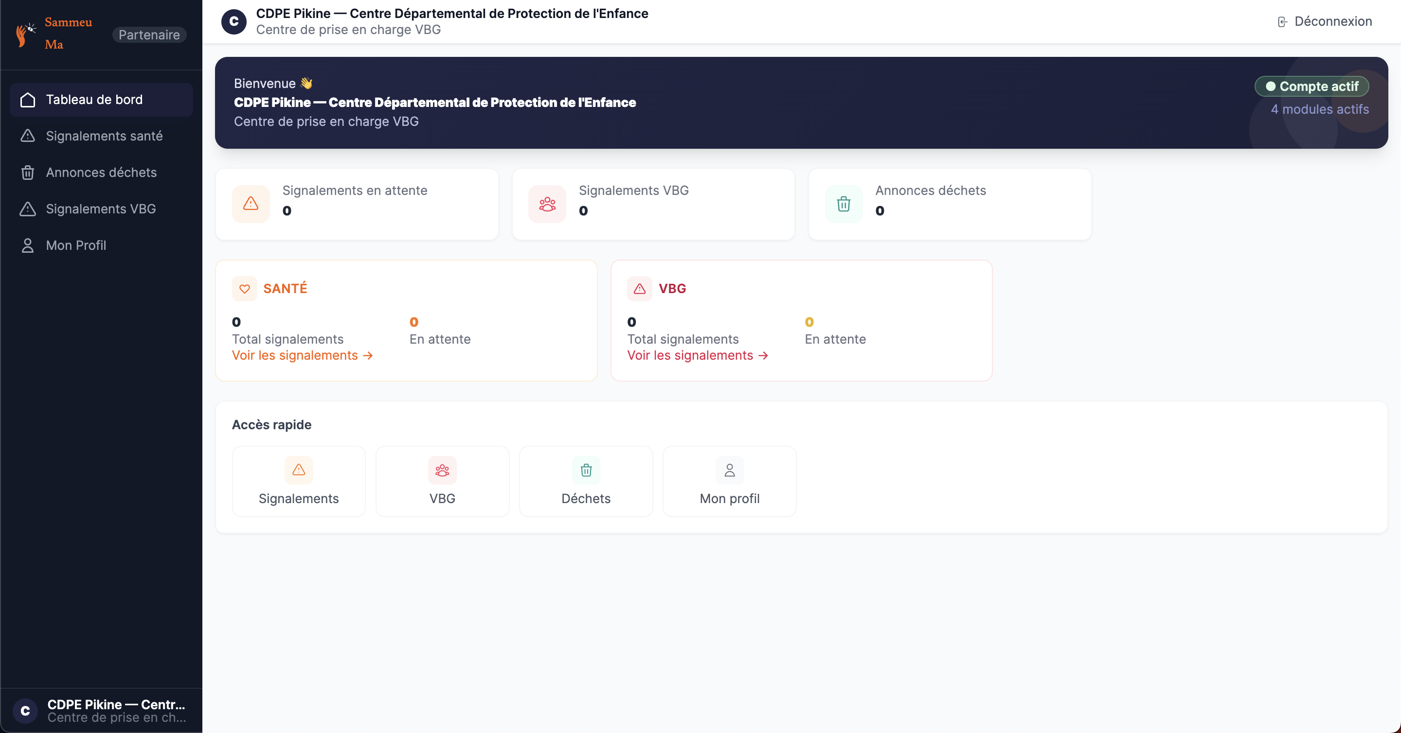 Tableau de bord partenaire Sammeu Ma, avec signalements santé et VBG en attente