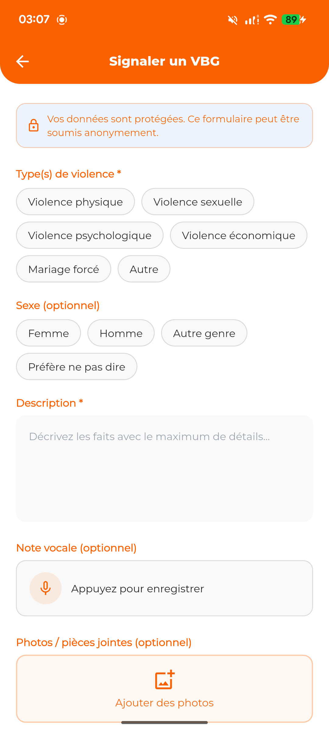 Écran de signalement Sammeu Ma : types de violence, sexe, description et note vocale